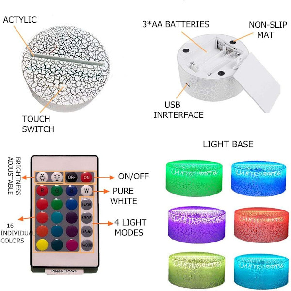 Spel 3D LED Nattljus Yoshi 7 Färgförändrande Lampa Batteri