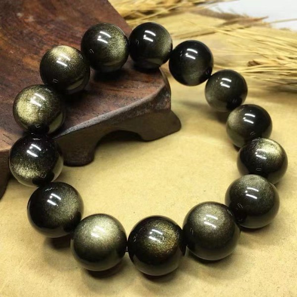 Tibetansk Mala Perle Guld Obsidian Buddhistisk Buddha Bøn Perler Armbånd, Stretch String, Unisex（16MM）