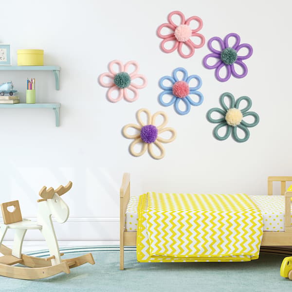 6 st 6 tums Boho Daisy Blomväggdekor, Bohemisk Barnkammardekor för Flicka, Småflickor, Barn, Hem, Sovrum, Macaronfärg