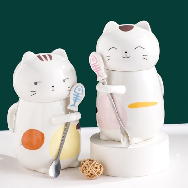 Kattmugg med Lock Rolig Kaffemugg Kopp 400 ml Kattgåva Keramisk Temugg med Sked Te Kaffekopp Julmugg Födelsedagspresent # A Cat cup with lid and spoon