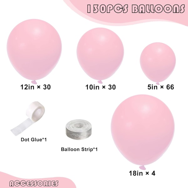 130 stk. lyserøde balloner i forskellige størrelser 18\" 12\" 10\" 5\" ballonbue guirlande sæt perfekt til fødselsdagsfest, dimission, babyshower, bryllup, feriedekoration Pink