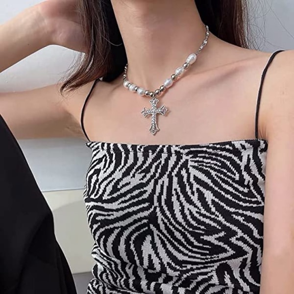Crystal Cross halsband Y2k Fairy rostfritt stål pärla Bling