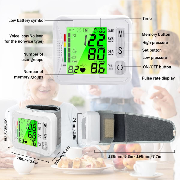 Blodtrykksmåler, Ny Håndledds Digital BP Mansjett Automatisk BP Maskin Stor Tri Bakgrunnsbelyst Skjerm Gjenladbar Pluse Rate Overvåkingsmåler Håndleddsblod