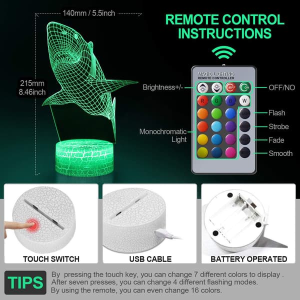 Nice Dream Haj Shark 3D Optisk Illusion Lampe, 3D Natlys til Børn