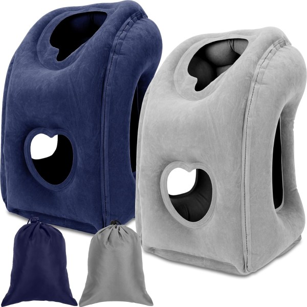 2-pack uppblåsbart resenacke för resor, sovande säng, bilkudde, sätesflygplan, nackstöd, stödjer rygg, huvud och ländrygg med Light Gray and Blue