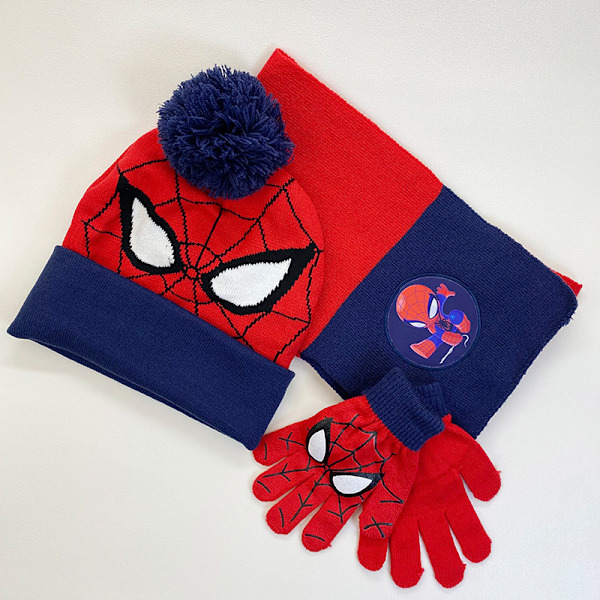 Marvel Spider-Man -lasten talvihattu, lumikäsineet ja huivi pojille ja taaperoille, 3 osan setti, lämmin pom-pom-pipo tarvikkeilla B