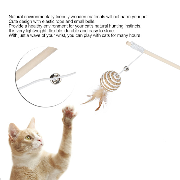 Trä katt leksak teaser stav med rund boll fjäder kattunge interaktiva leksaker