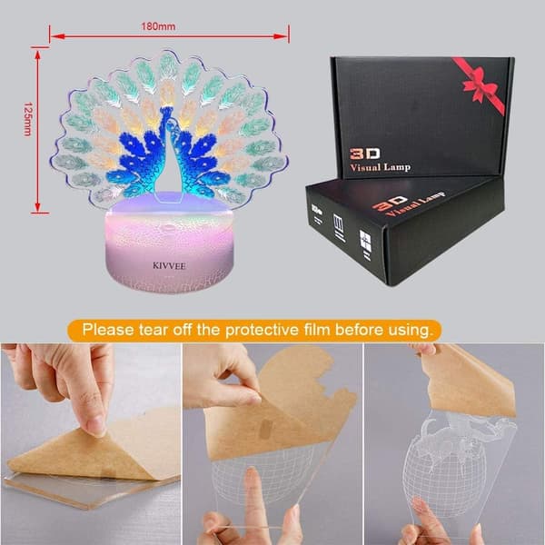Påfugl 3D Illusjonslampe Nattlys Visuell Bordlampe Dynami