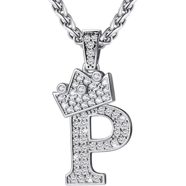 Krone Initial A-Z Halskæde, Iced Out Bogstav Vedhæng med 22-24 Tommer Kæde, Mænd Kvinder Bling Hip Hop Alfabet Navn Smykker Gave Store Initialer Halskæder P Silver