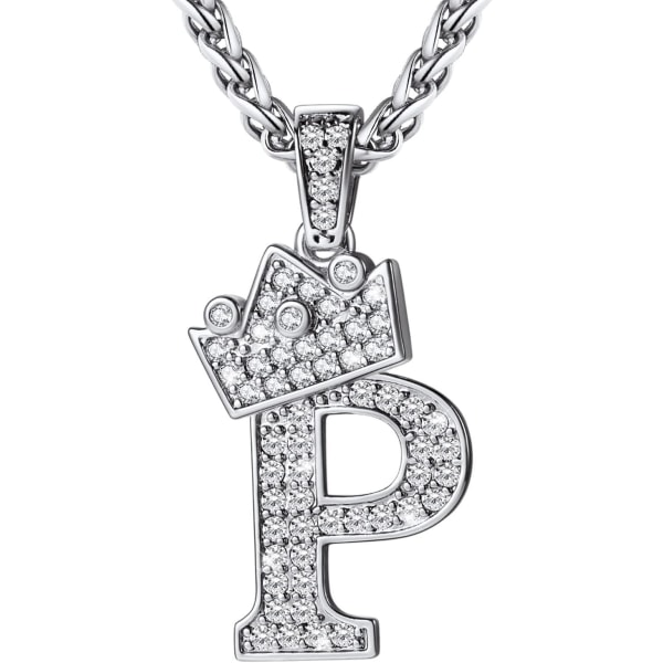 Krone Initial A-Z Halskjede, Iced Out Bokstavanheng med 22-24 Tommers Kjede, Menn Kvinner Bling Hip Hop Alfabet Navn Smykker Gave Store Initialer Halskjeder P Silver