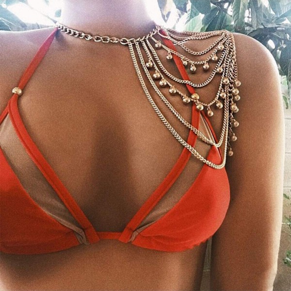 Guld kroppskedja skiktade tofsar axelkedja bikini strand