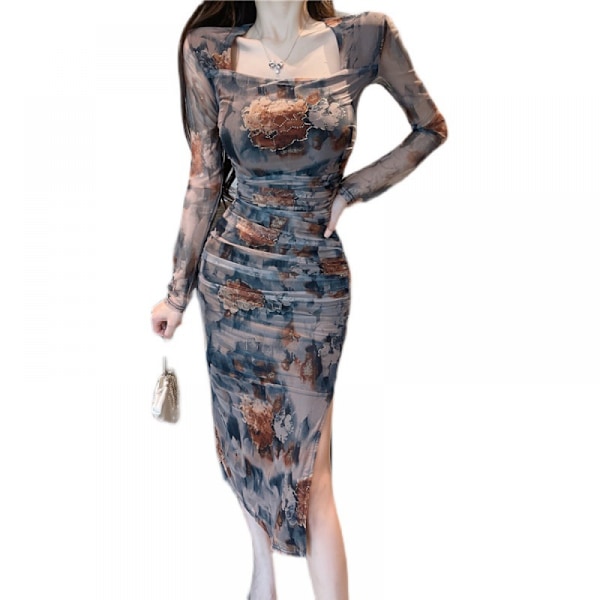 Kvadratisk Hals Bodycon Maxi Lång Klänning Slim Fit Wrap Höft Klänning M