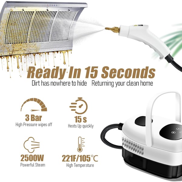 Håndholdt damprenser, 2500W høy effekt 3.0BAR 221°F høytrykksdamp, 6-trinns justering liten rengjøringsmaskin med 37oz vanntank, 5ft Powe