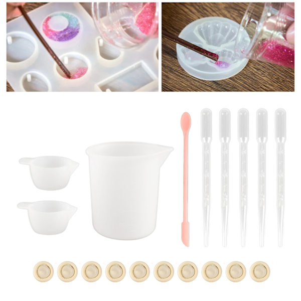 Silikon Målebeger Verktøysett Spatel Fingerhansker Pipetter Epoxy Resin Blanding Verktøysett for Håndverk Verktøysett Pink 19pcs