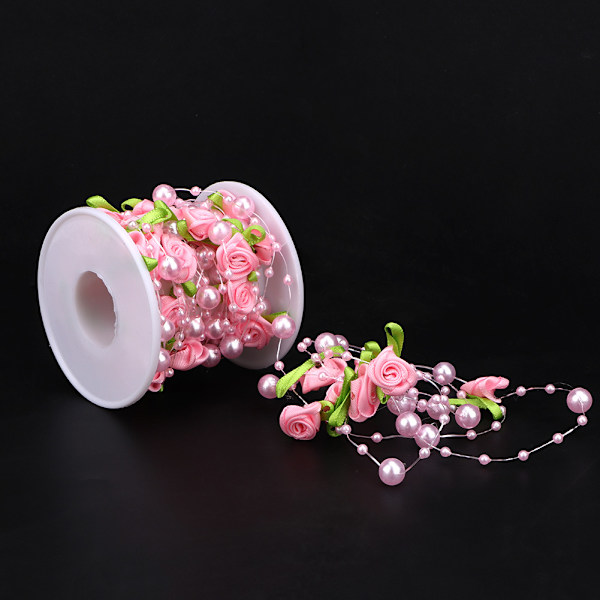 5m/rulle Grön blad ros konstgjord pärla sträng pärlor girlang DIY bröllopsdekoration (rosa)