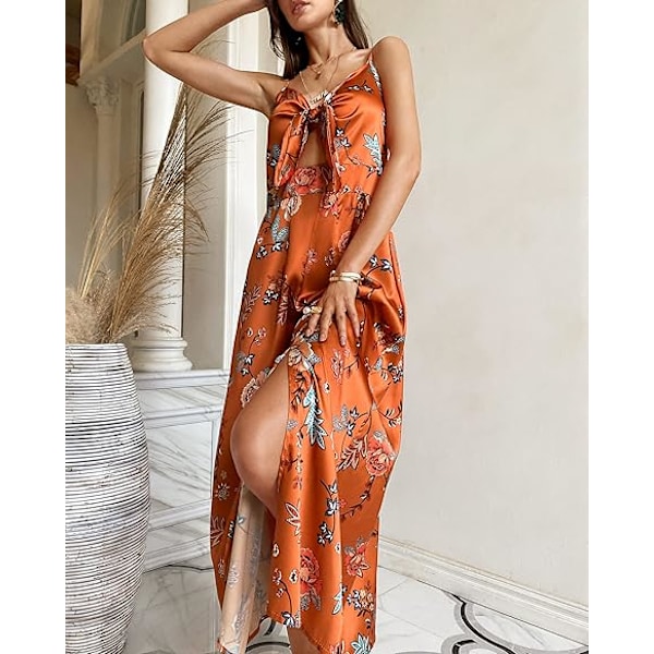 Fashionme Dame Spaghetti Strop Midi Satin Kjoler Sløjfe Front Rygløs Slids Hul Kjole L