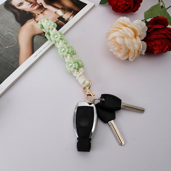 Macrame nyckelring handgjord handledsrem nyckel handledsband för nycklar söt blomma nyckelring nyckelring för kvinnor Pearl green