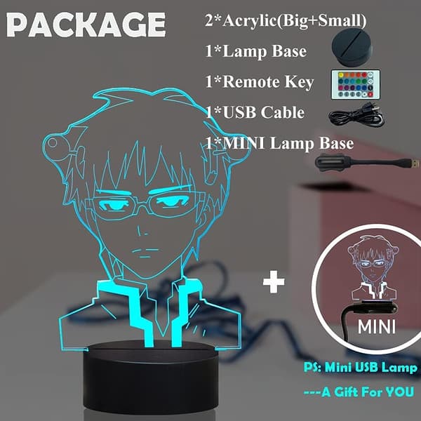 Saiki K Led Anime Lampe 3D Illusjon Nattlys 16 Farger Tab