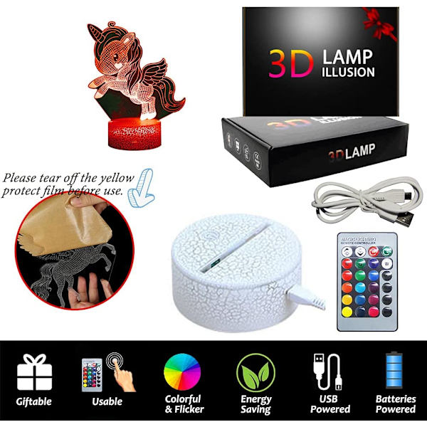 LED Enhörning Nattlampa, 3D Illusion Lampa Enhörning Present Lampor