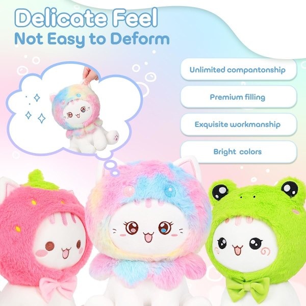 Söt Jordgubbs-Katt Plyschleksak 10\" Kawaii Kattunge Fylld Djur, Katt Jordgubbe Plushie Kudde Present till Barn Strawberry Cat
