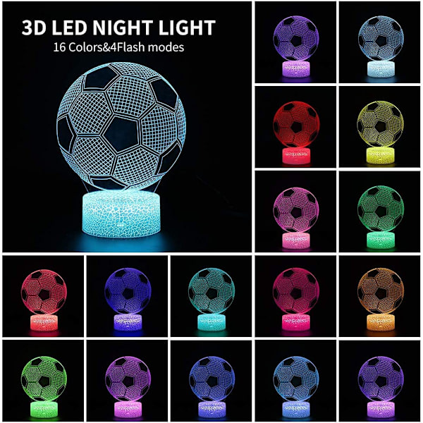 Fotball 3D Illusionslampe, Fotballgaver til Gutter og Jenter, 3D Nattelys med 16 Fargeendringer Fjernkontroll, Dekorativt Skrivebordslampe, Kreativ Bursdagsgave