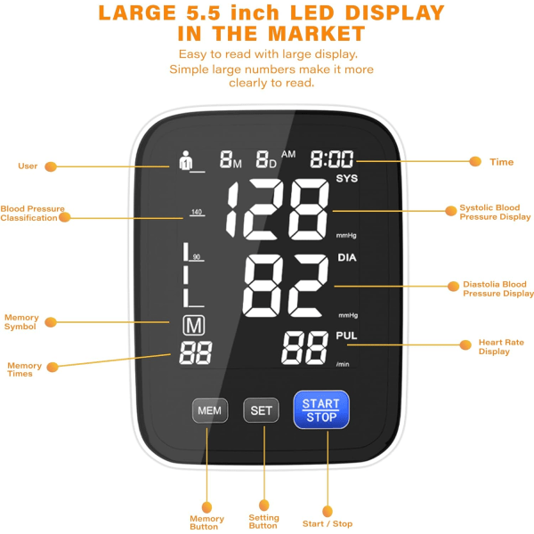 Automatisk blodtrycksmätare för överarm, 2 användare 2x90 minnen Digital blodtrycksmanschett med 4*AAA-batterier och DC-kabel