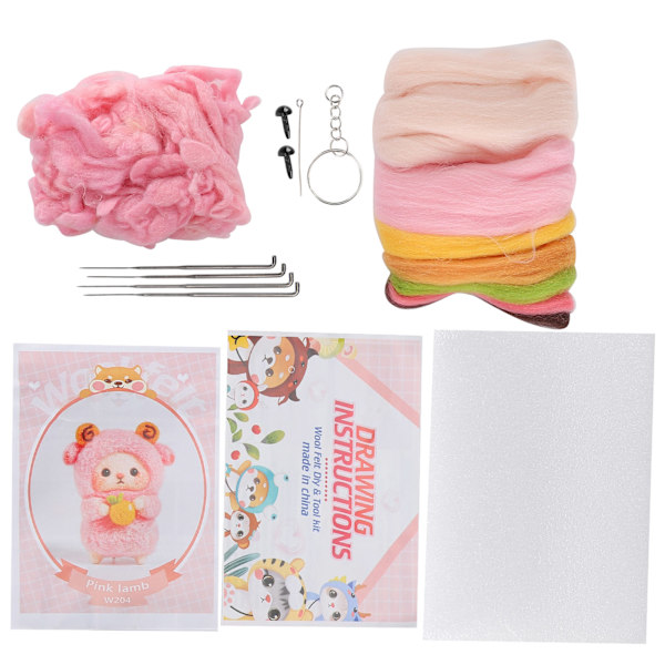 Nålfiltning Färgglad Fårdocka DIY Tillverkningsmaterialpaket med Ritningar och Poke Tool204# Rosa