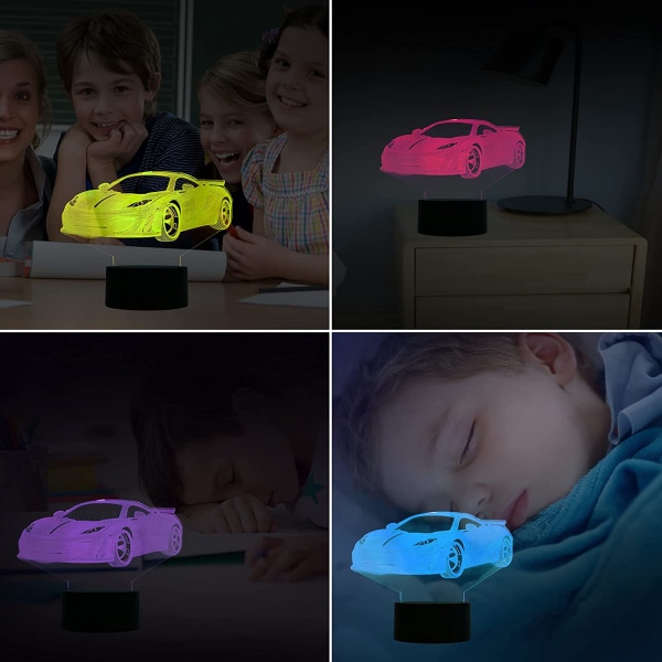 Bilpresent Bil Nattlampa för barn, 3D Light 7 Colors Change w