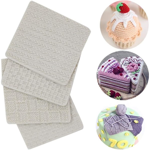 (set med 4) Stickning Silikon Fondant Form/Stick Simpress Textur Stämpelmatta/Tröja Virka Präglad Form För Gum Paste Glasyr Tårta Cupcake Topper Polym