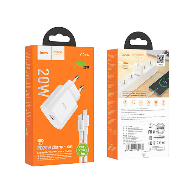 hoco. C94A enkelports PD20W laddare europeisk standard suita