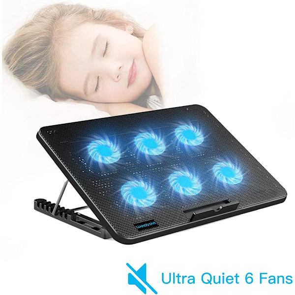 Bærbar kølepude, bærbar køler med 6 stille ventilatorer til 12-17 tommer bærbar computer gaming ventilator stabil stand, 7 højde og vindhastighed justerbar, 2 USB-port og P