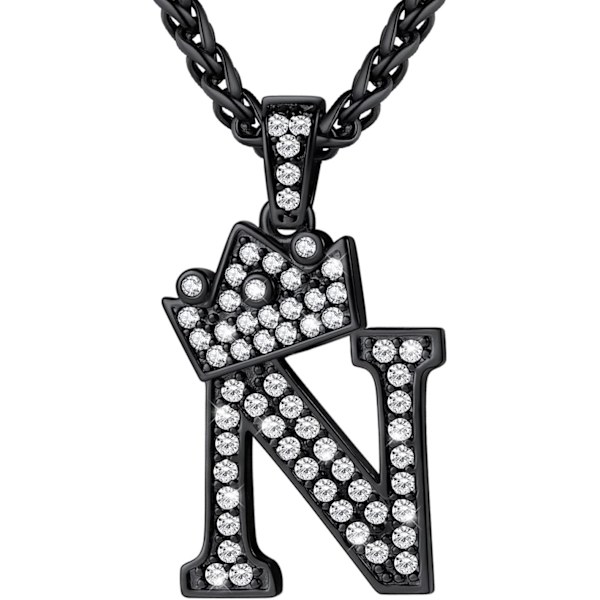 Krone Initial A-Z Halskæde, Iced Out Bogstav Vedhæng med 22-24 Tommer Kæde, Mænd Kvinder Bling Hip Hop Alfabet Navn Smykker Gave Store Initialer Halskæder N Black