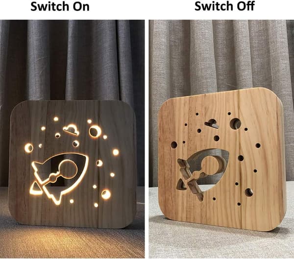 Raket Natlampe Træ USB 3D Vision Bordlampe Soveværelse