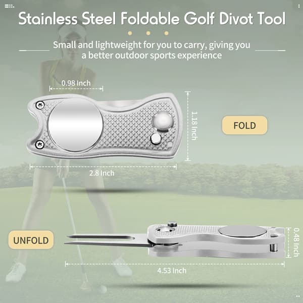 4-delt foldbart divot-reparationsværktøj med magnetisk boldmarkør, rustfrit stål springknivdesign til golftilbehør, gaver og præmier Silver