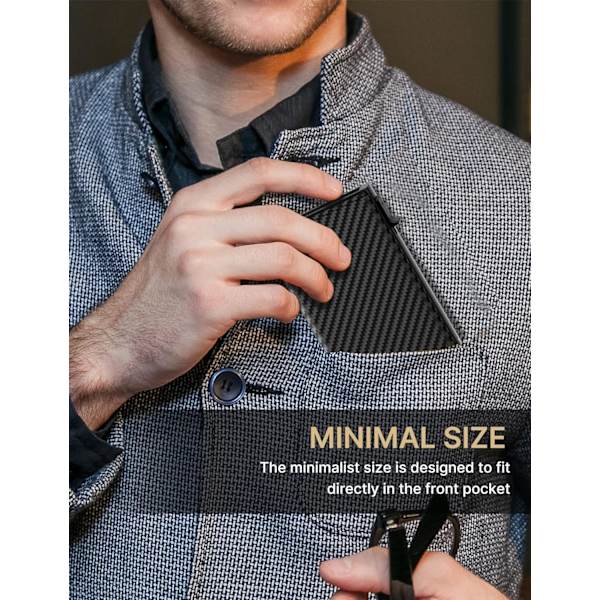 Plånbok för män med kortfack: Pop-up aluminiumfodral, äkta läder, smart, RFID-blockering, slimmad, minimalistisk, framficka - Kapacitet för 9-14 kort | ID-fönster Carbon Fiber Black