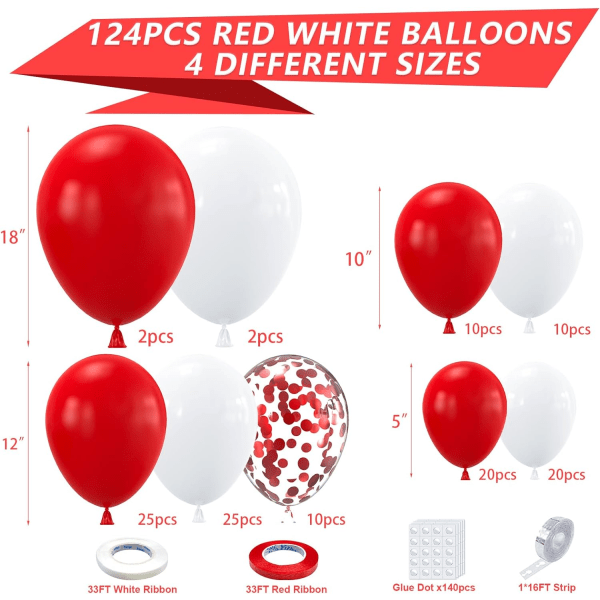 Rød og hvid ballonbue guirlande kit, 124PCS 18 12 10 5 tommer matte røde matte hvide latexballoner og røde konfettiballoner til bryllup fødselsdagspar Red White