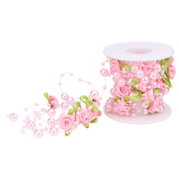 5m/rulle Grön blad ros konstgjord pärla sträng pärlor girlang DIY bröllopsdekoration (rosa)