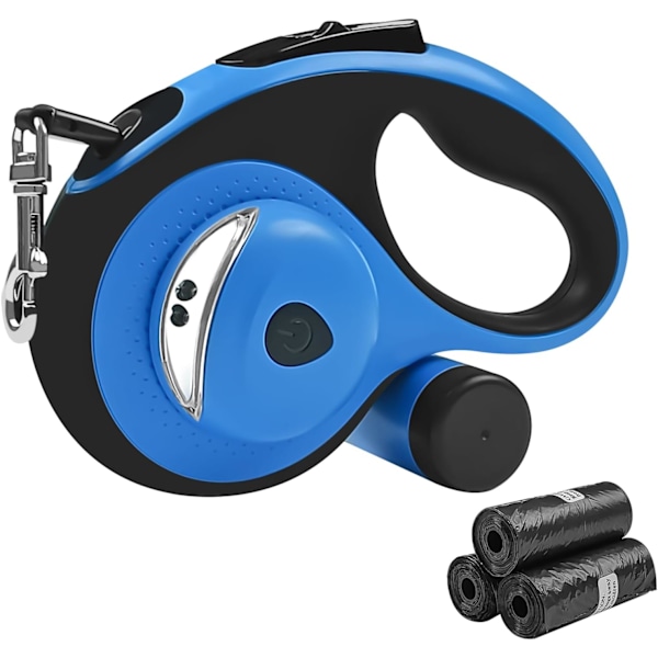 Inntrekkbar hundekobbel med avfallsposebeholder og lommelykt, 26 fot hundekobbel for små, mellomstore og store hunder opptil 110 pund, en knappbryter og lås, 3 26ft blue Large