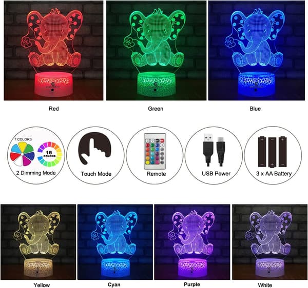 Havfrue + Elefant 3D Natlampe (2 i 1 Pakke)
