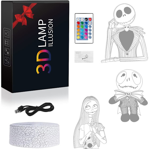 Halloween Town Græskar Kongen Jack Skellington 3D Illusion Natlys, 3 Mønstre 16 Farveskiftende