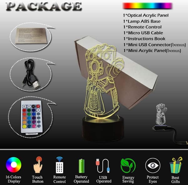 3D Natlampe, Thanos Handsker 3D Illusionslampe, 16 Farver Cha