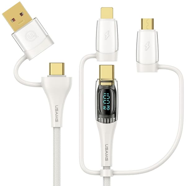 USB-C til Multiopladningskabel, USAMS 100W 4FT 5A Type C til Type C Hurtigopladerledning med LED-display 5-i-1 C/A til C/Micro/IP Synkronopladeradapter White 2m