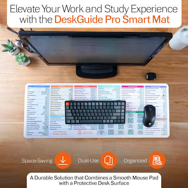Excel Reference Måtte med 100+ Interaktive Video Tutorials & Essentielle Genveje, Stor Kontortastaturmåtte, Gråt Design.