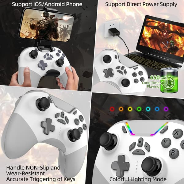 Bluetooth-controller til Switch/PC/iPhone/Android/Apple Arcade MFi-spil/TV/Steam, Pro trådløs spilcontroller fjernbetjening gamepad med telefonklip med L White