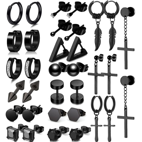 17 Pairs Earrings for Men Black Stud Earrings Mens Earrings Black Hoop Earrings Stainless Steel Earrings Set Jewelry Piercings for Men Women