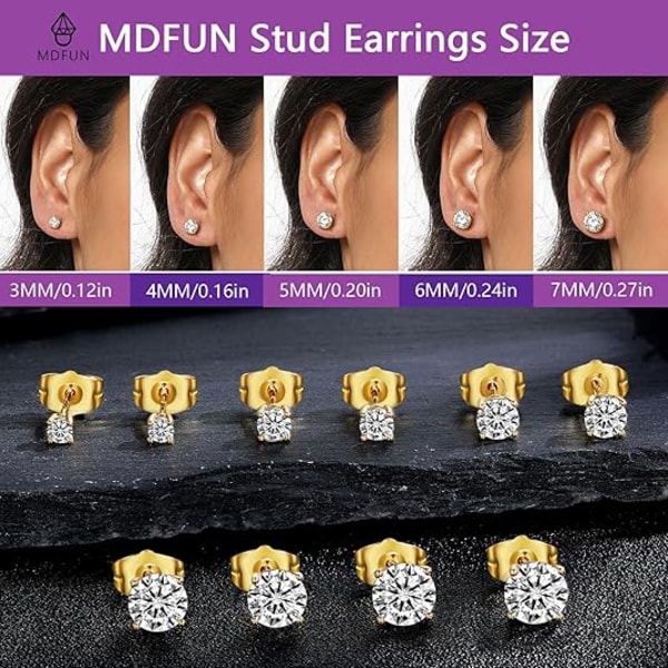 5 Par Örhängen Set 18K Guldpläterade 3-7MM Runda Cubic Zirconia Örhängen Hypoallergena Örhängen för Kvinnor