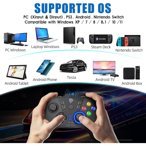 Trådlös spelkontroll för Windows PC/Steam Deck/PS3/Android TV BOX, Dual Vibrate Plug and Play Gamepad Joystick med 4 anpassade knappar, batteri black