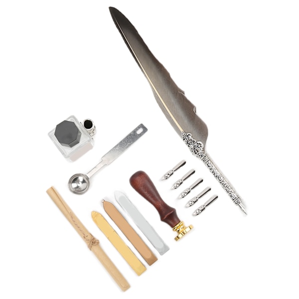 Fjäderpenna Set Mjuk Skrivande Retro Design Snidning Utseende Kalligrafi Penna Kit för Skrivning PresentSFDPS038031 Spetsig Grå Fjäder