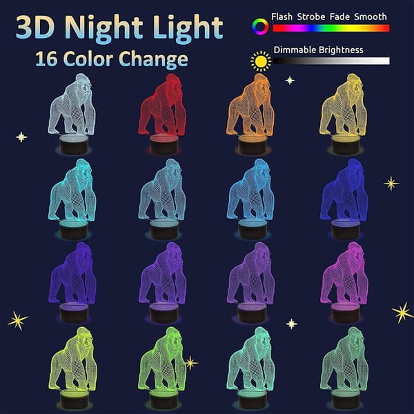 Gorilla-gaver til dyreelskere, 3D-illusjon nattlampe