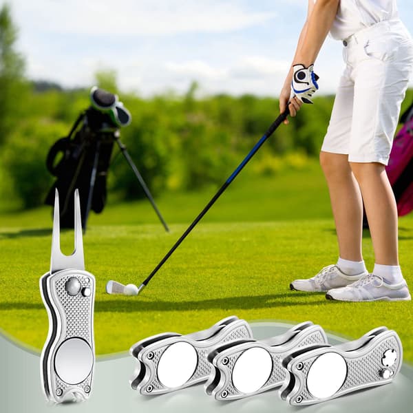 4-delt foldbart divot-reparationsværktøj med magnetisk boldmarkør, rustfrit stål springknivdesign til golftilbehør, gaver og præmier Silver